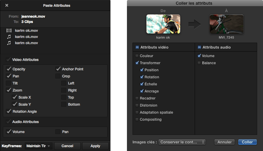 Coller les attributs