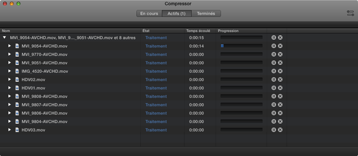 L'onglet "actif" montre l'avancement de Compressor