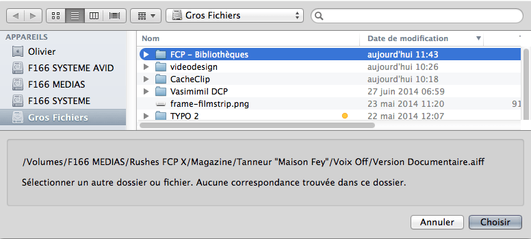 Ici le cas où la recherche n'aboutie pas. Sélectionner un autre volume ou dossier
