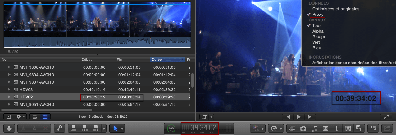 De retour dans Final Cut Pro X, basculer en proxy pour voir le timecode à l'image : Magique